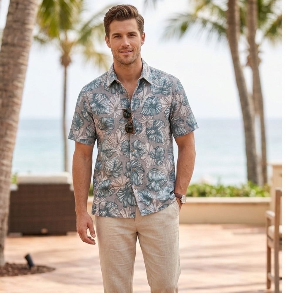 Cooke Street Honolulu Mens Medium Grey Teal Tropical Leaf Cotton Aloha Shirt